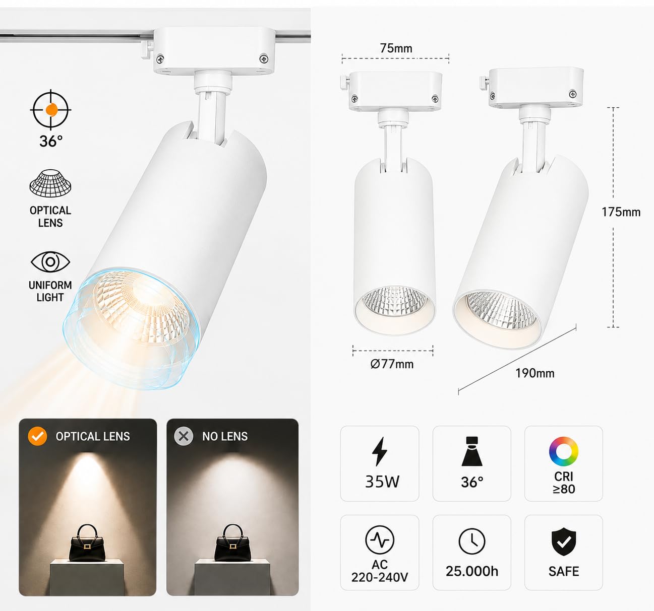 ONSSI® Foco LED para Carril Monofásico de 2 Hilos 35W COB 3150 lm, CCT Regulable 3000K/4500K/6000K,Ángulo 36°, Rotación 360°/90°, Blanco,Ideal para Tiendas, Galerías y Hogar