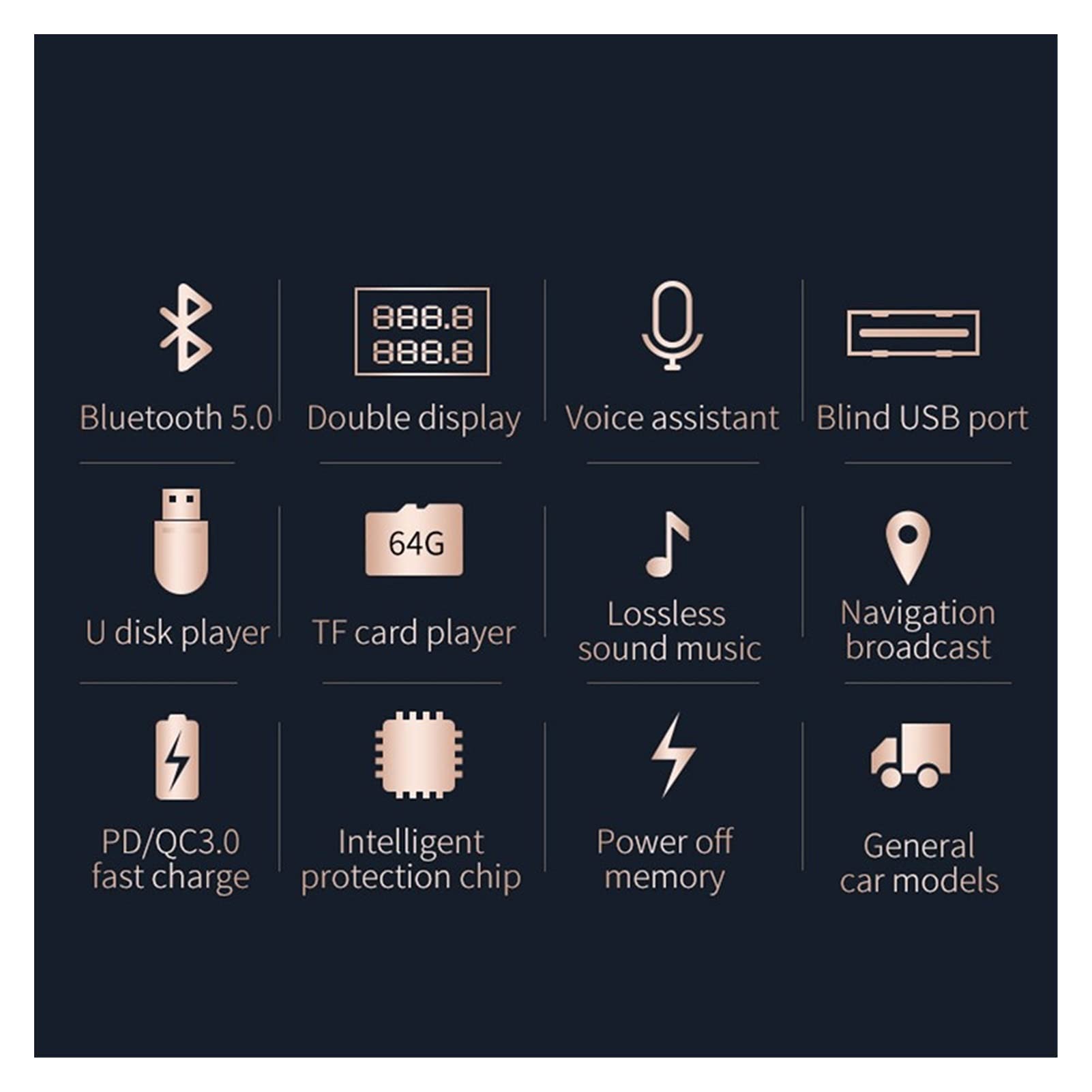 Adattatore Audio Bluetooth. Auto Bluetooth 5.0 Dual-Display FM. Ricevitore Vivavoce Wireless trasmettitore Auto MP3. Regolazione del Giocatore a 360 ° QC3.0 + PD. Caricabatterie Veloce
