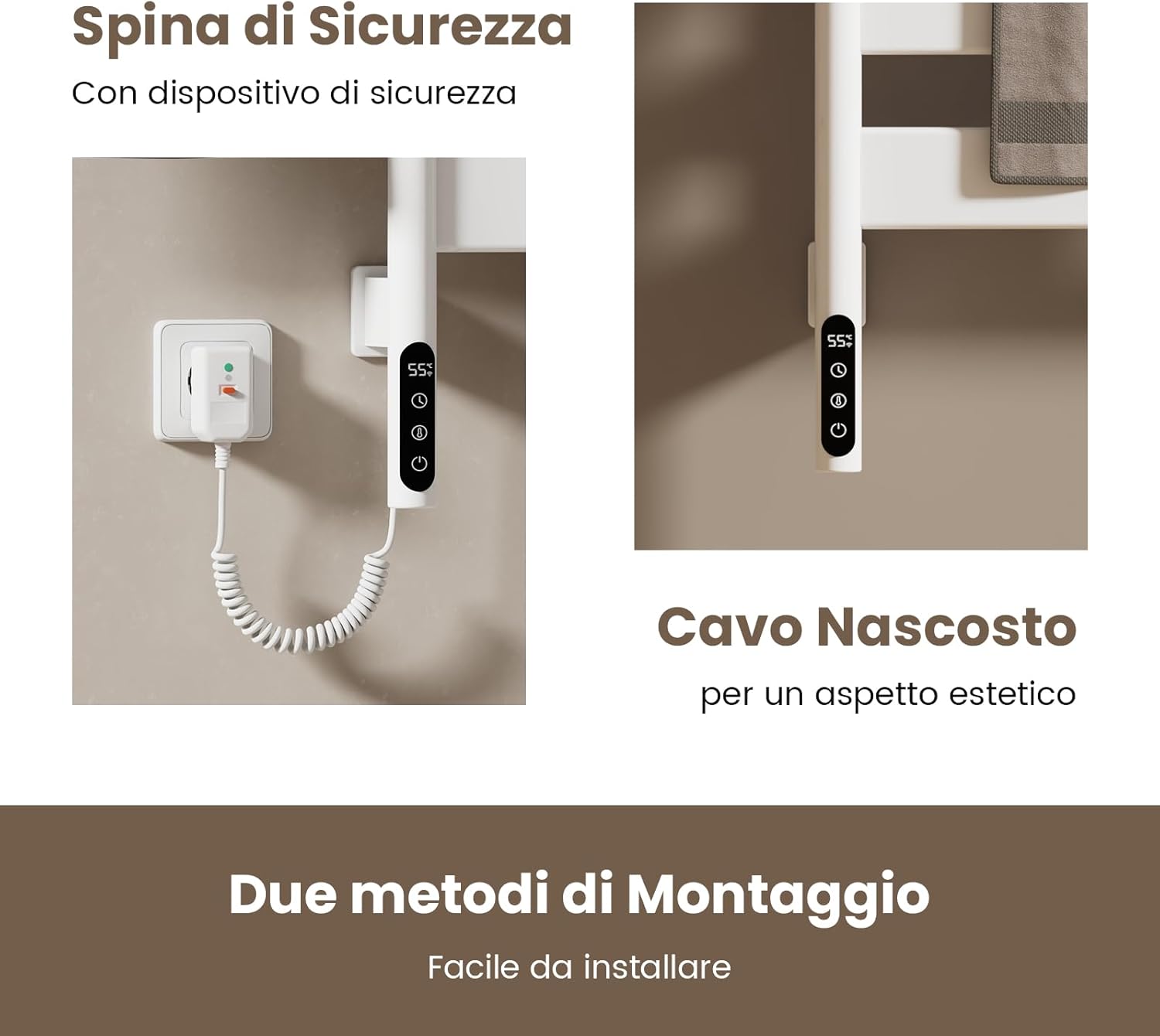 EMKE Towel Warmer showing safety plug, hidden cable, and two mounting options