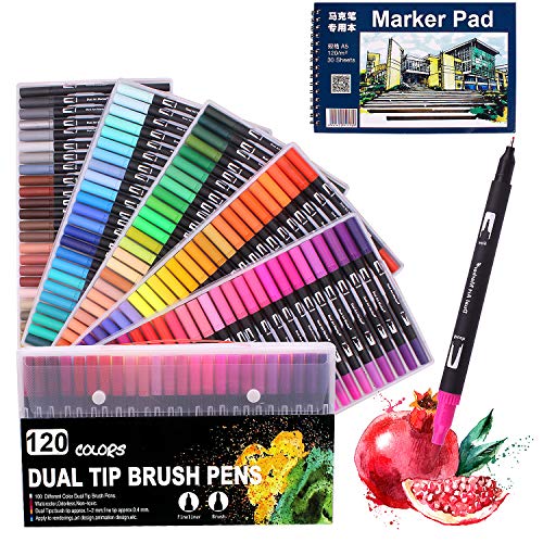 Coloring Markers with Sketchbook Dual Tip Brush Pens 120 Colors Brush Markers Art Marker for Drawing, Sketching, Painting, Calligraphy, Comic