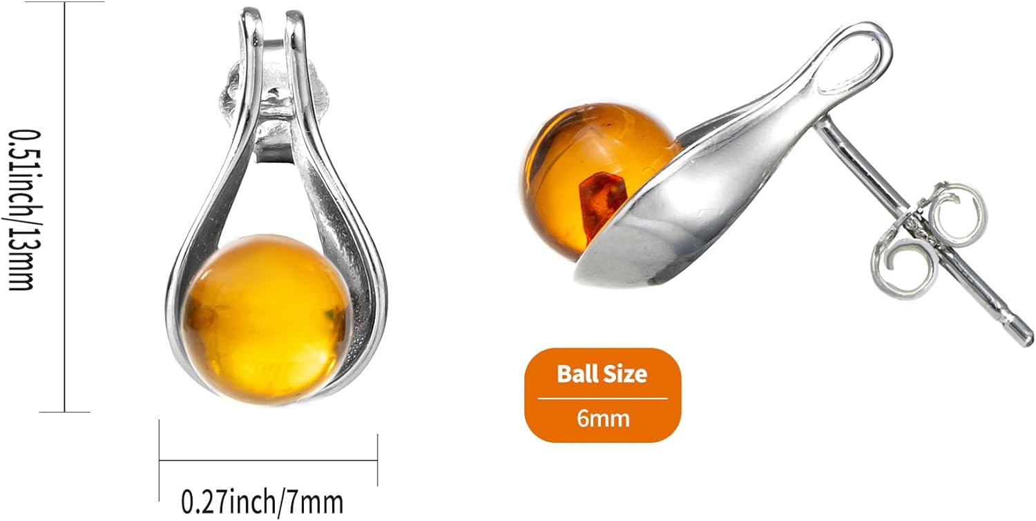 Genuine Baltic Amber Boots Stud Ball Earrings for Women in Sterling Silver, Rich Cognac Color - Image 2