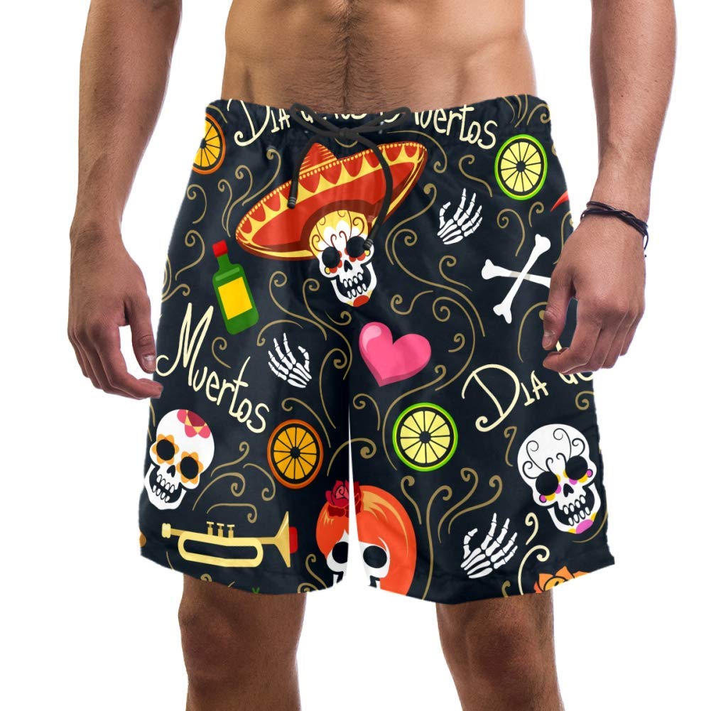 Man Beach Shorts Mexican Holiday Sugar Skulls and Flowers Swim Trunks Elastic Swimsuit Board Shorts for Men,XL Multi