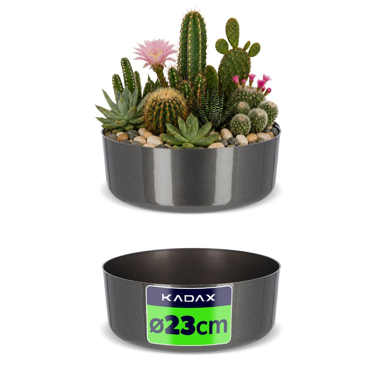 KADAX Blumenschale aus Kunststoff, runde Schale, Pflanzschale, Pflanzgefäß, Kunststoffschale für Fensterbank, Tisch, Wohnzimmer, Pflanzkübel (⌀ 23 cm, Grafit)
