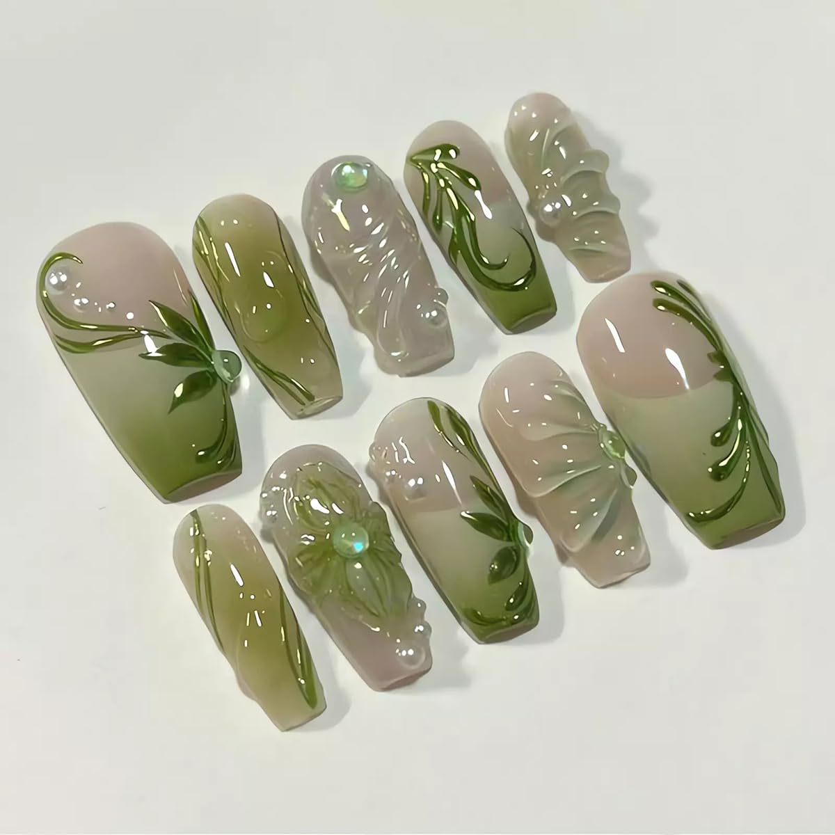 OHWODA 3D Press on Nails Acrylic Rhinestone Fake Nails Long Coffin Gradient Nude Green with Leaf Design Artificial Nails Pearl Accents Glue on Nails