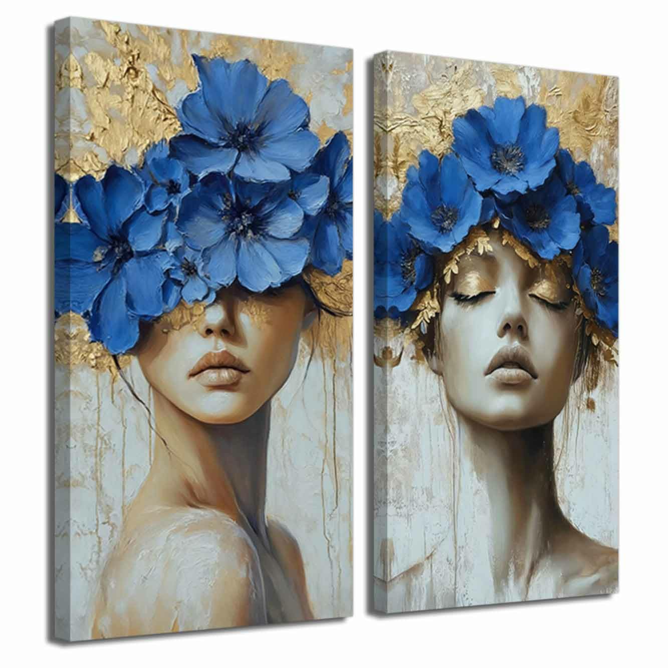 ZXHYWYM 2Pcs Gold Gray and Blue Flower Canvas Wall Art Vintage Abstract Floral Pictures Neutral Botanical Prints Paintings Girl Bedroom Bathroom Wall Decor (Blue, 80x40cmx2 Pieces)