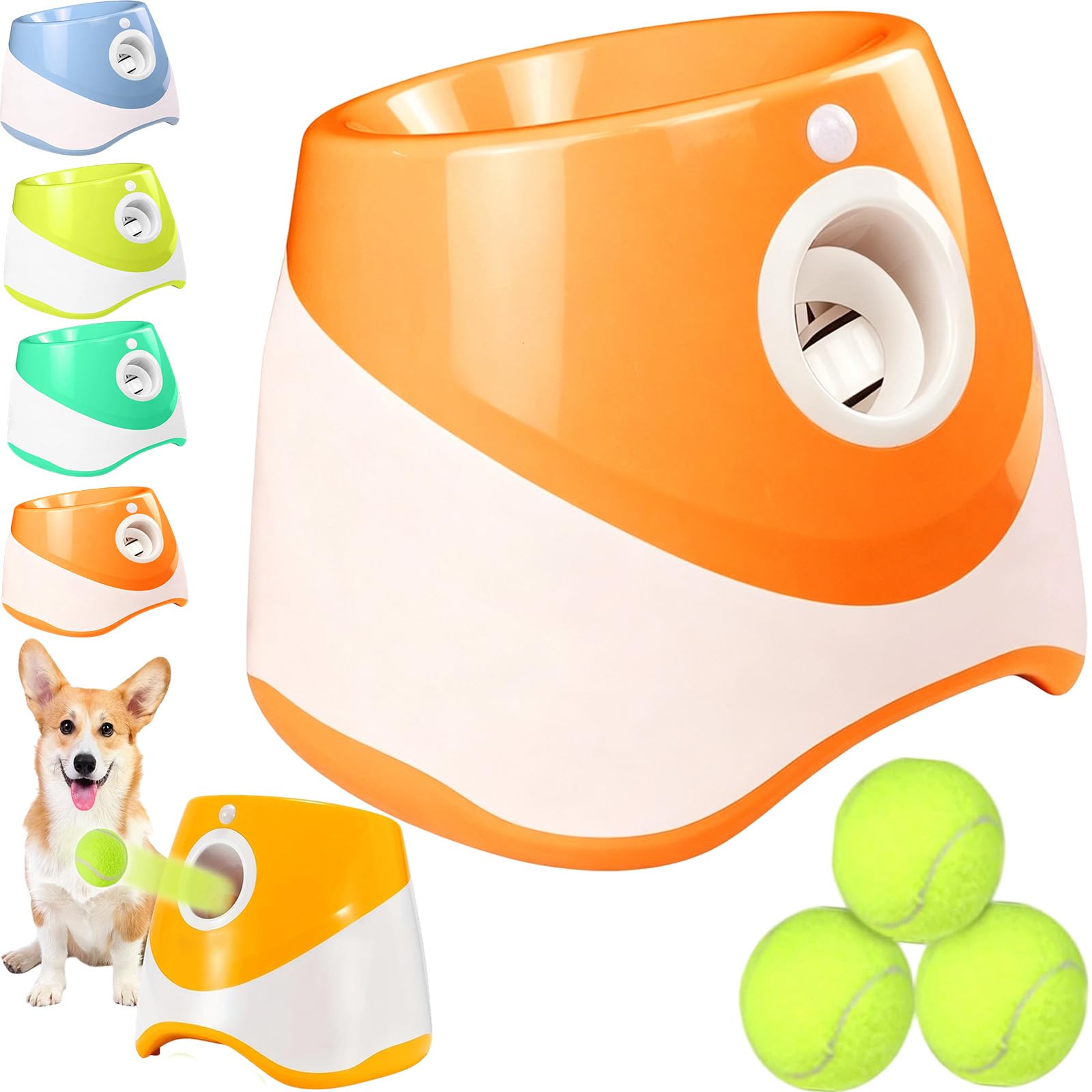 Lanzador automático de pelotas para perros, lanzador interactivo de pelotas de tenis y dispensador de golosinas, 3 ajustes de distancia (3 m/6 m/9 m), incluye 3 pelotas, juguete para mascotas para
