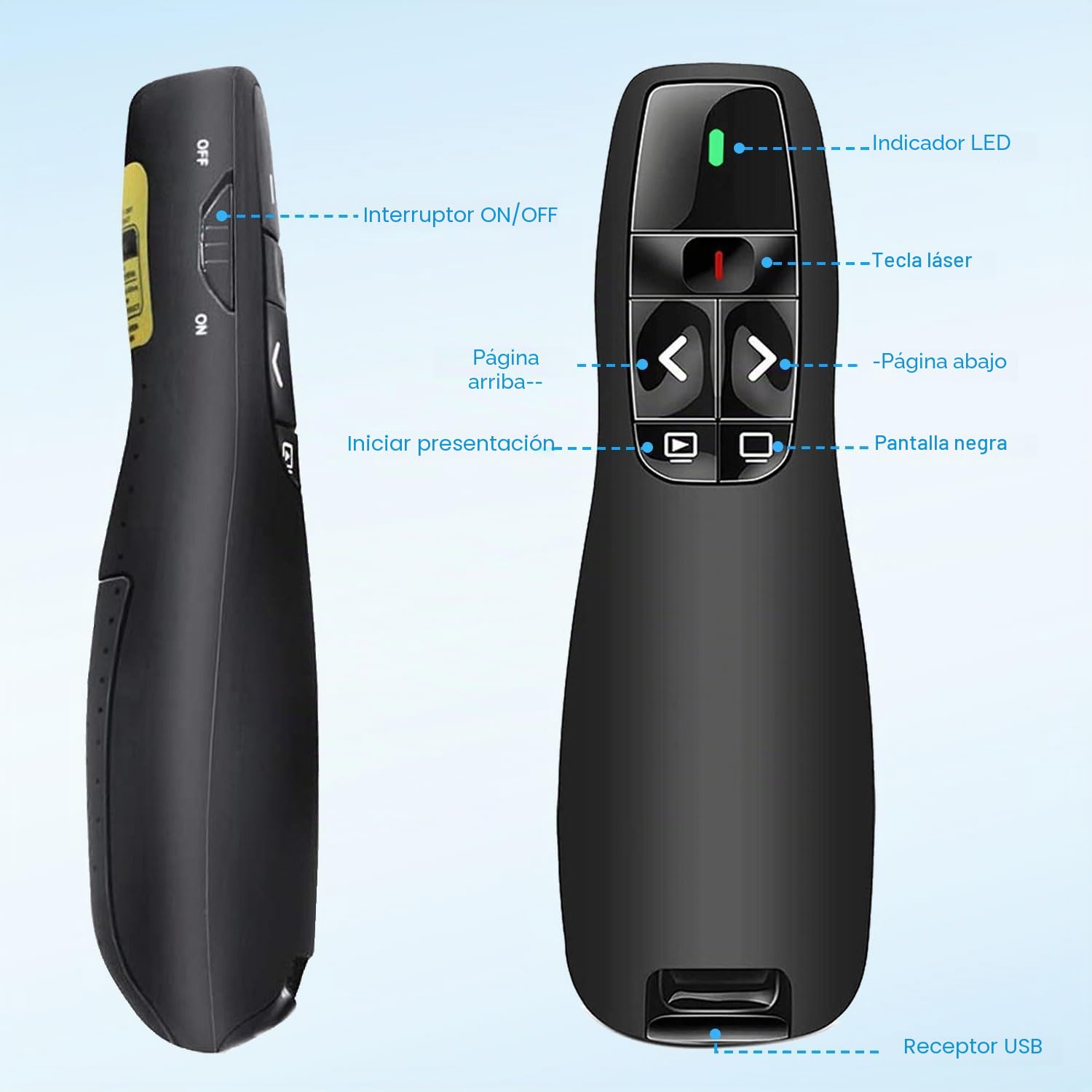 Ergonómico Pasador Diapositivas Mando Ordenador Powerpoint, 2,4GHz Presentador Inalambrico Mando Presentaciones USB Distancia Puntero Powerpoint Remote Presenter para Computadora Windows Mac
