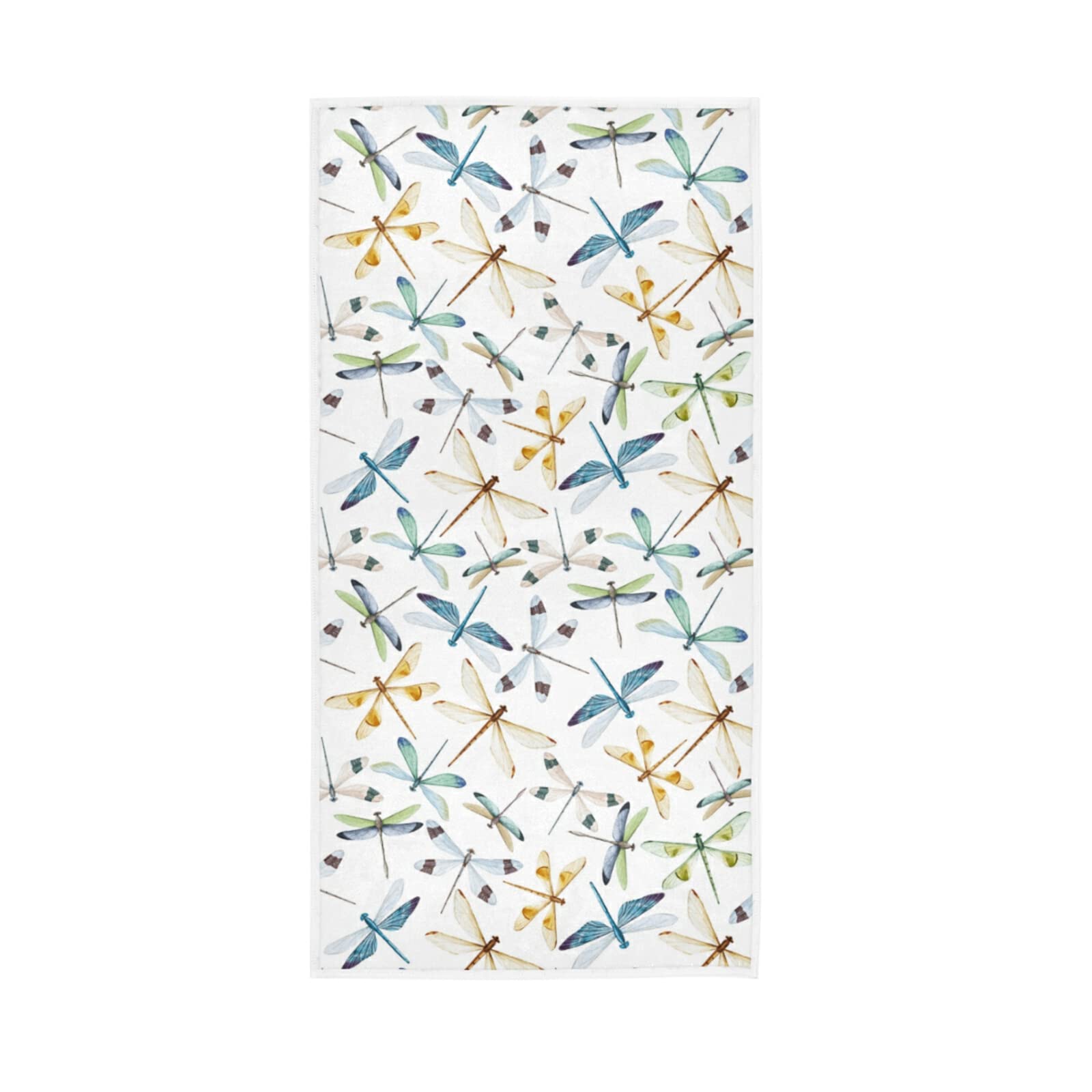 LSRCPD Watercolor Seamless Pattern with Turquoise Gold Dragonflies on White Soft Hand Bath Towel 30" x 15" Thin Fast Drying Absorbent Soft Towels for Kitchen Gym Spa Hotel Beach