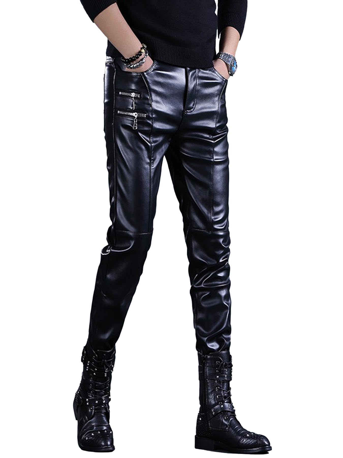 Idopy Pantaloni da uomo in pelle sintetica con cerniera, stile rock, stile steampunk, slim fit, nero, 54