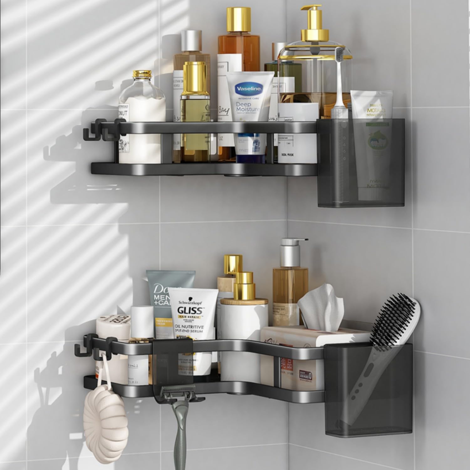 WUBAY Corner Shower Caddy 5 Pack, No Drill Quick Dry Shower Corner Shelves, Razor Holder Toothbrush Holder Set, Rustproof Stainless Steel Bathroom Storage Accessory Shelves (Black)