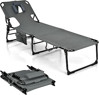 Costway Beach Chaise Lounge Chair, Patio Folding Reclining Chair, Portable & Lightweight Camping Bed or Cot w/ 5 Adjustabl...