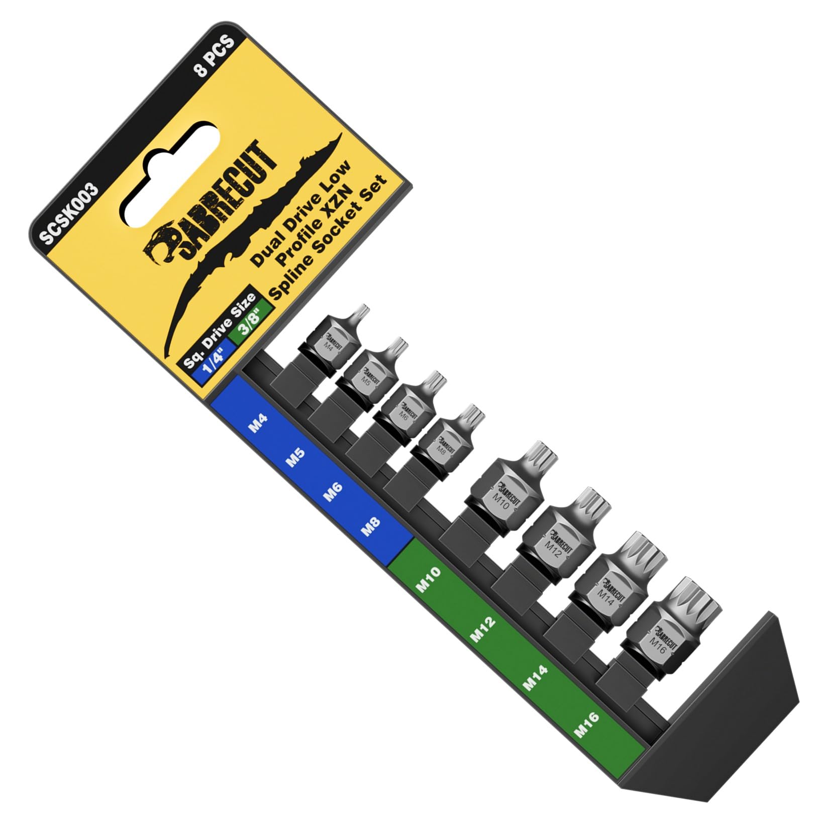1 x SabreCut SCSK003 8pc Dual Drive Low Profile XZN Triple Square Spline Socket Set M4–M16 – Ultra Low Profile, 1/4" & 3/8" Square Drive + External Hex, S2 Impact Steel, Zinc Phosphate, Storage Rail