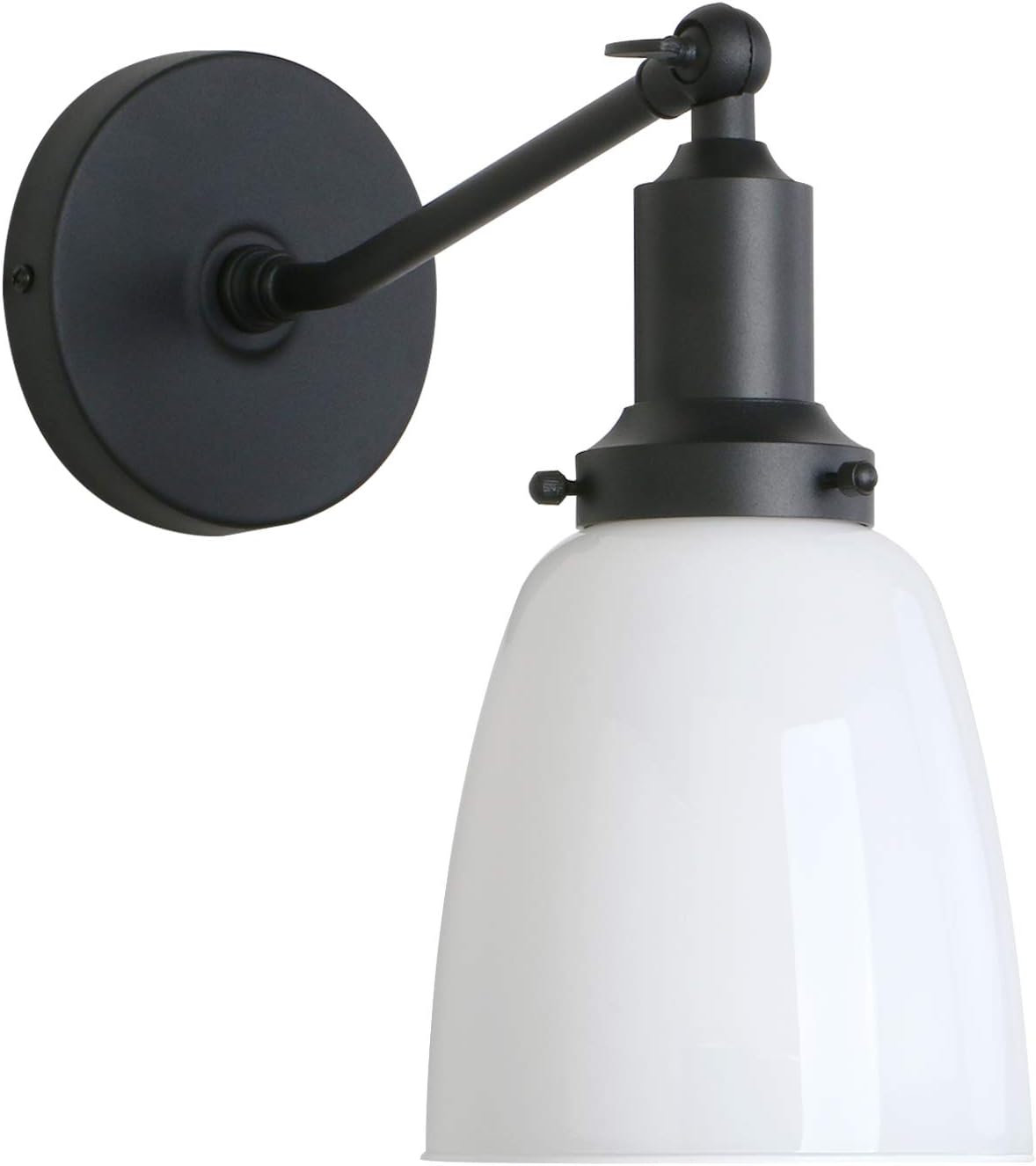 Permo Industrial Vintage Slope Pole Wall Mount Single Sconce with 5.5" Oval Dome Milk White Glass Shade Wall Sconce Light Lamp Fixture (Black)