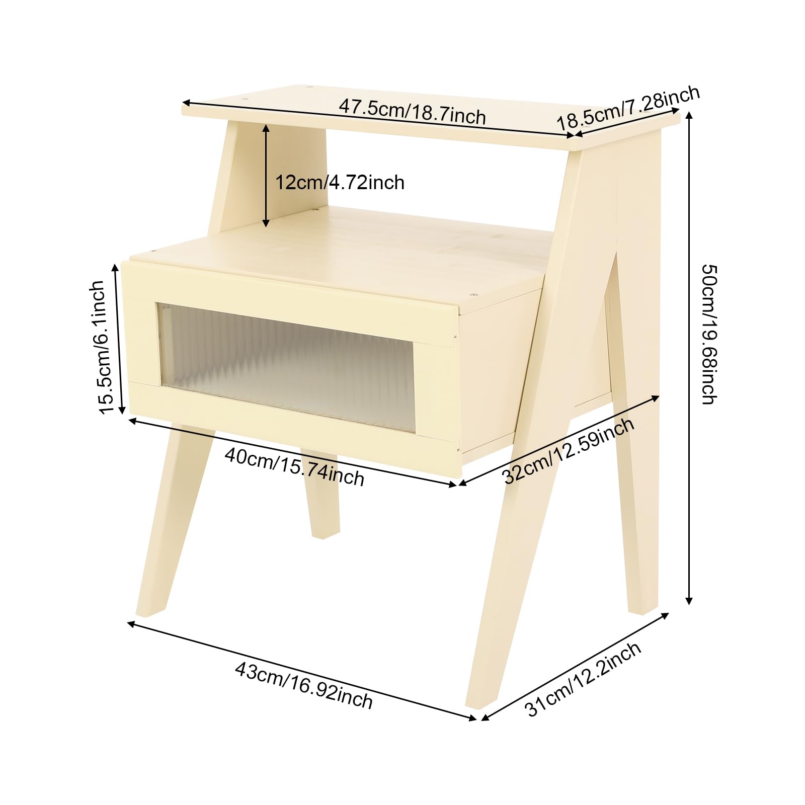 Comodino, tavolino con finestra trasparente e ripiano aperto, gambe in legno, comodino, tavolo con vano portaoggetti per camera da letto, dormitori, 43 x 31 x 50 cm