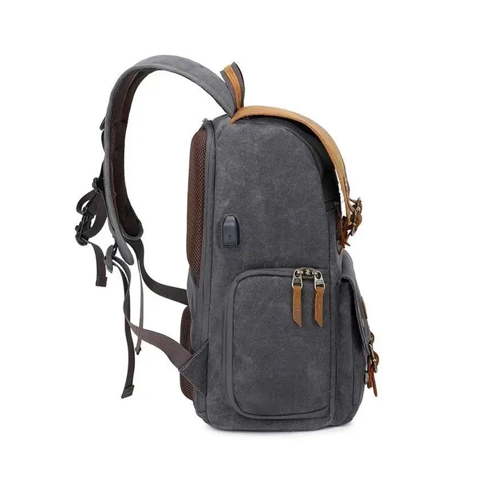 Waterproof Waxed Canvas Camera Backpack with USB Port | Waxed canvas material,waterproof design,USB charging port(Small-camera-gray)