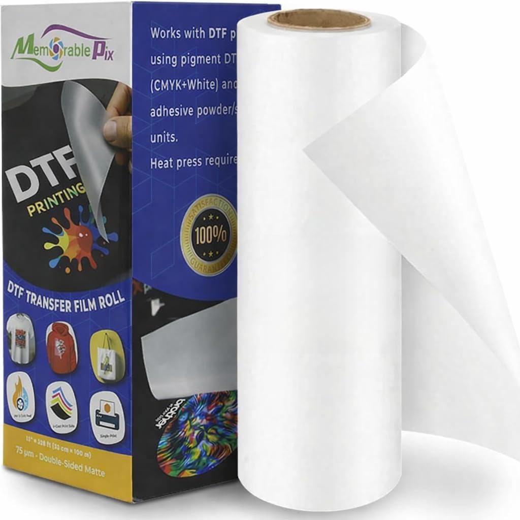 DTF Transfer Film Roll 13" x 328ft (33cm x 100m) A3+ PET Double Sided Matte Clear 75μm | Hot Cold Peel Anti Static | DTF Film Roll 13 Inch Direct to Film Transfer Paper for DTF Printer Heat Press