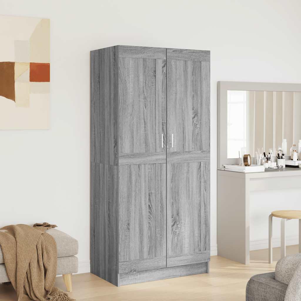 Kleiderschrank Grau Sonoma 82,5x51,5x180 cm Holzwerkstoff mit Schiebetüren und großem Stauraum für Schlafzimmer, Flur, Kinderzimmer, platzsparender Organizer, stabile Schubladen und Spiegel