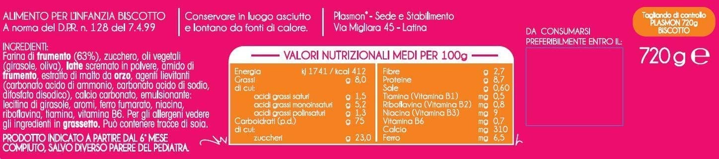 Prodotto per donazione - Plasmon il Biscotto,100% grano italiano selezionato, si scioglie in bocca e nel latte, Confezione da 6 x 720g