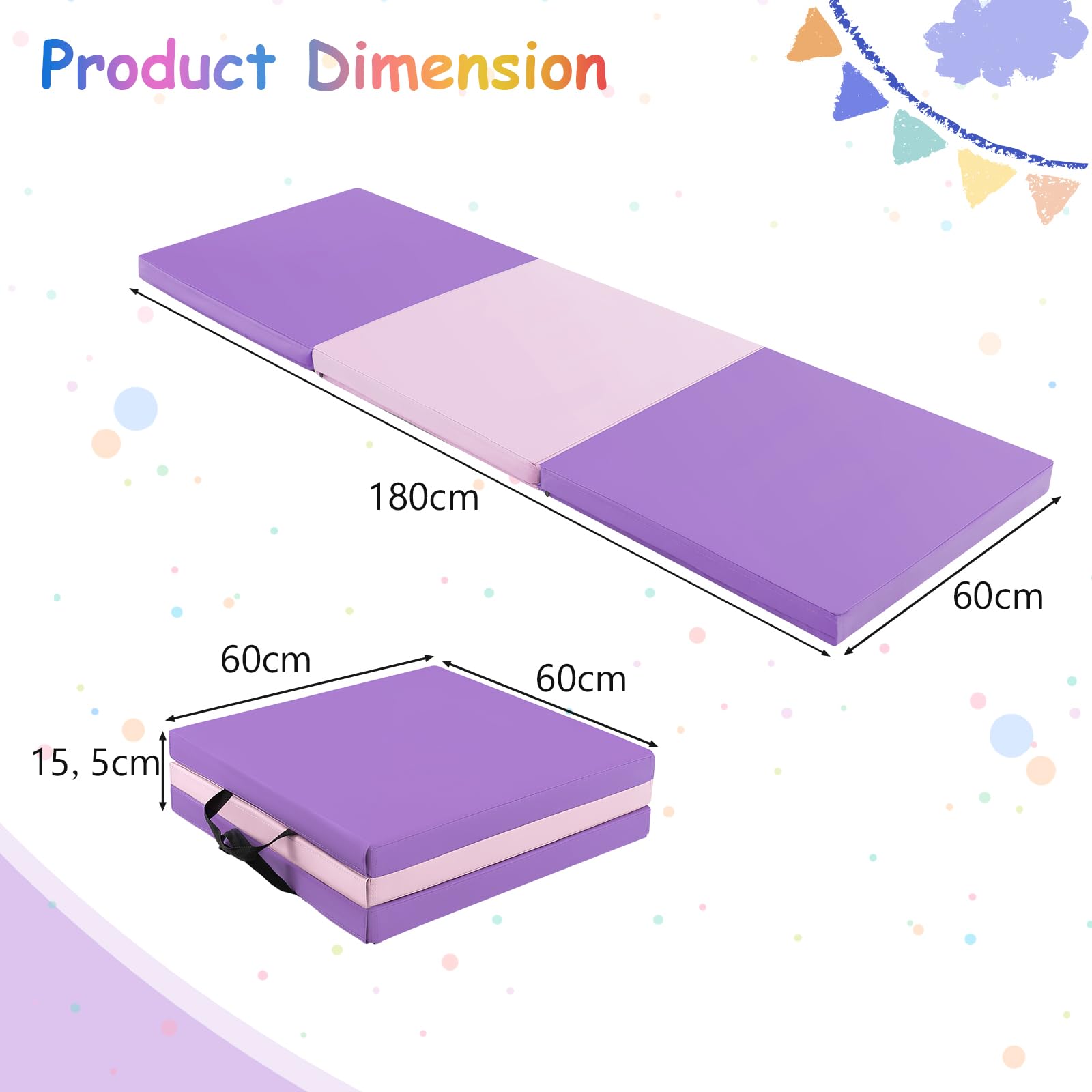 KOMFOTTEU Tappetino da Ginnastica Pieghevole, Spessore 3,8 cm, Tappetino Sportivo Fitness, Imbottitura in Cotone con Perline EPE, Tappetino da Palestra Spesso, 180 x 60cm
