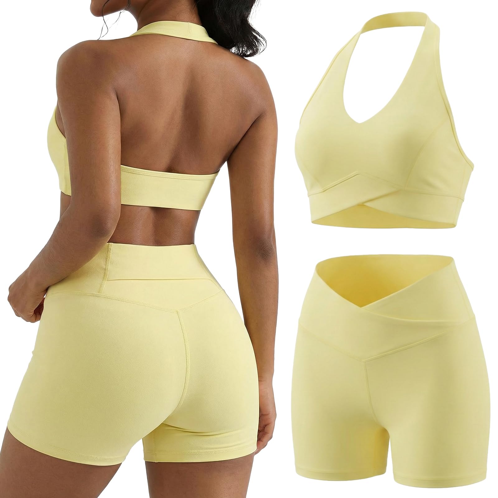YOINS Workout Sets for Women 2 Piece Halter Sports Bra High Waisted Biker Shorts Gym Yoga Outfits