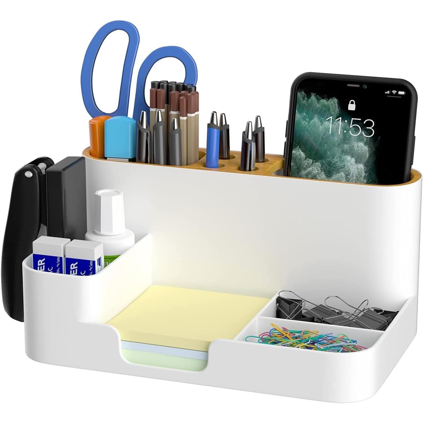 X spring Modern Desk Organizer, Desktop Organizer with Pencil Holders, Office Stationery Supplies Organizer, Sticky Note Tray, Paperclip Storage and Office Accessories, Pen Organizer for Desk (White)