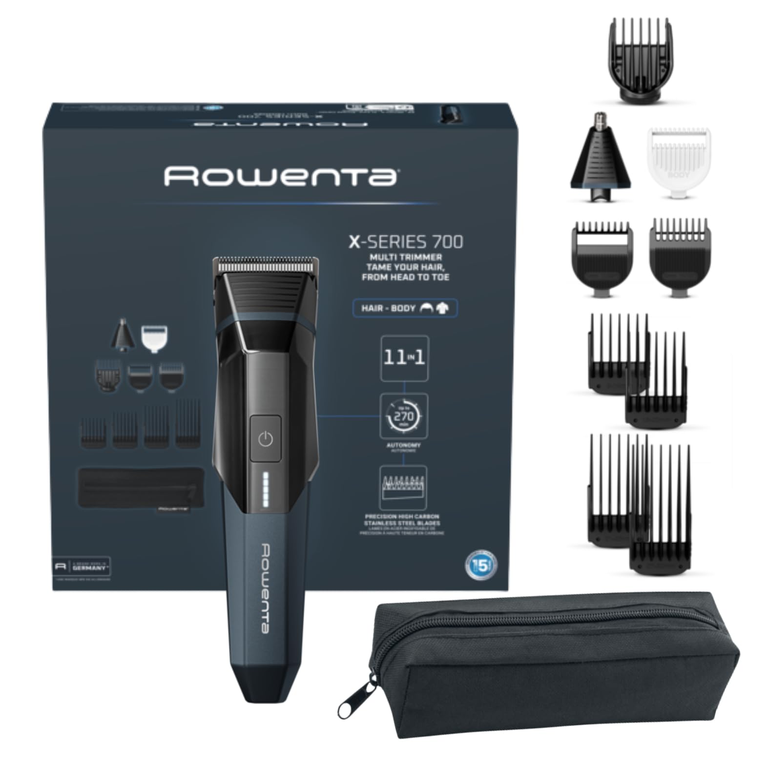 Rowenta X-SERIES 700, rasoio 11 in 1, barba, capelli, orecchie, naso e corpo, autonomia 270 min, lame affilate in acciaio inossidabile ad alto tenore di carbonio, motore 7500 giri/min, alta precisione