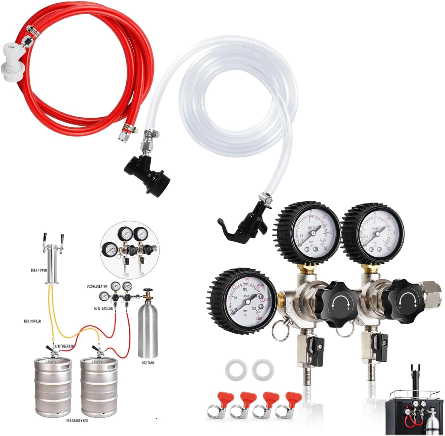 Dual Output CO2 Regulator and 3FT Beer Line 5FT CO2 Line with 1 Pair Ball Lock Keg Fitting and 1 Picnic Tap