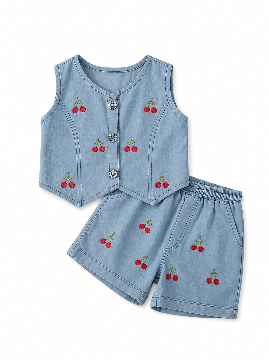 Baby Girls Denim Co-Ord Set | Sleeveless Embroidered Cherry Top & Shorts Set for Kids | Soft Denim Fabric Casual Summer Outfit for Girls (2 Piece Set)-image-10