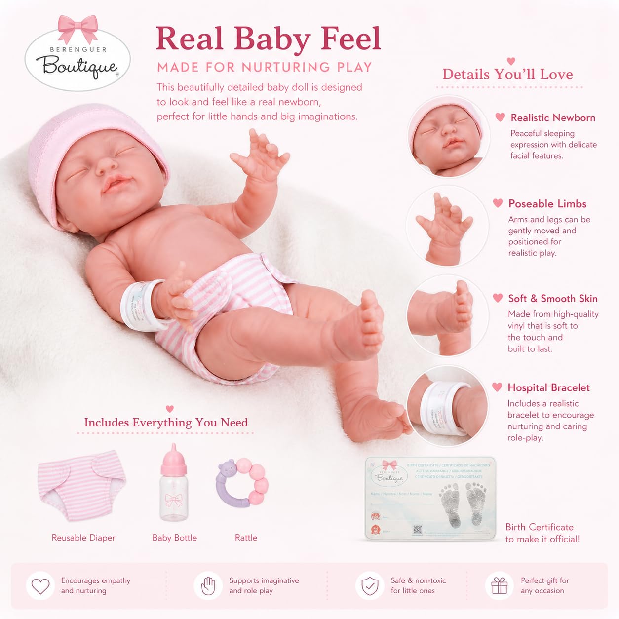 JC Toys - Bambola da 43,2 cm, realistica, lavabile, interamente in vinile, con occhi chiusi, set regalo rosa, blu