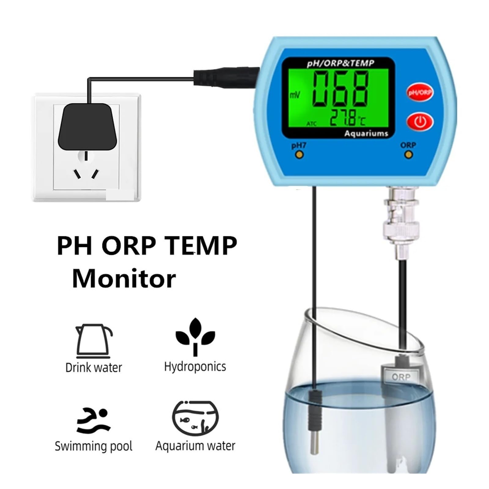 Testeur de qualité de l'eau Multi-Parameter PH Meter Water Quality Acidity Temp ORP Tester Redox Analyzer Monitor Big Screen