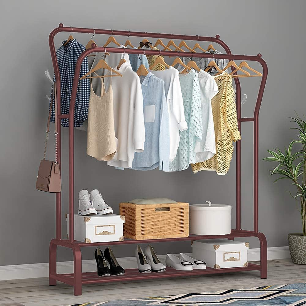Lukzer Multipurpose Metal New Double Garment Rack Heavy Duty Curved Clothes Rail Stand with 2 Bottom Shelves for Hanging Handbag (Rose Gold/ 34 x 110 x 148 cm/MGS-003)