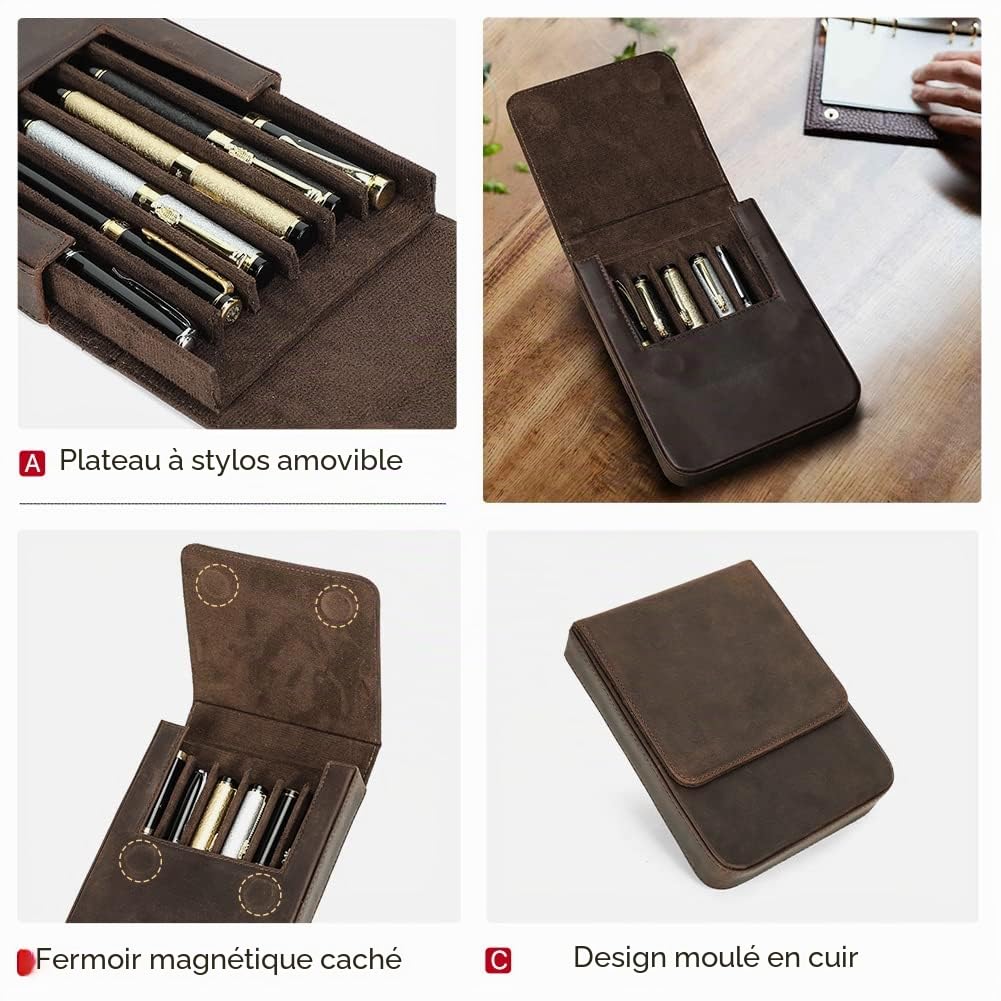 Étui à crayons en cuir véritable, porte-crayon vintage, accessoires de bureau élégants, boîte d'organisation pour voyage, Café 1-6, Medium