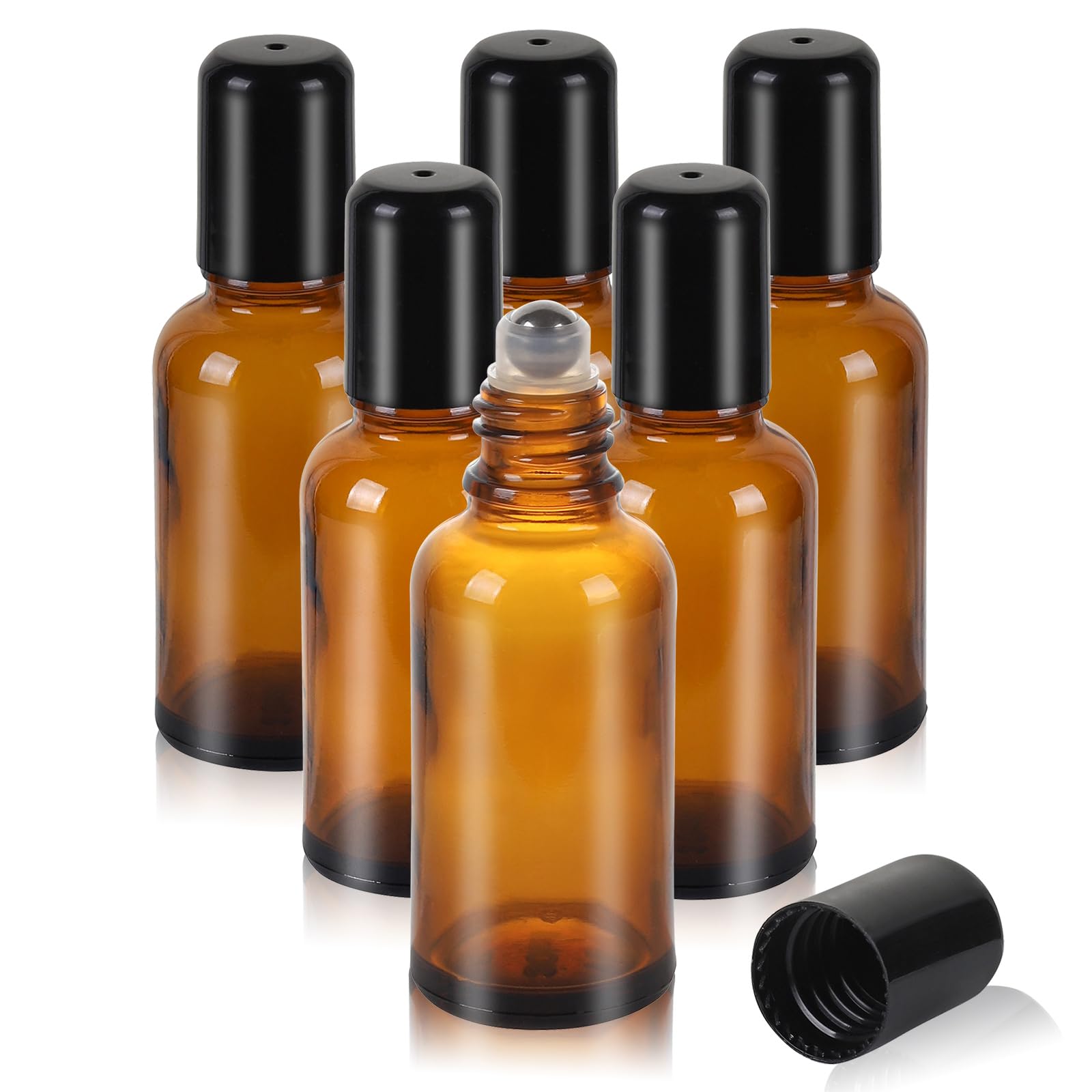 RAMFIYN 6 Pack Amber Roller Bottles for Oils 30ml Refillable Roller Ball Applicator for Travel Glass Roller Bottles with Filling Tool Set and Label