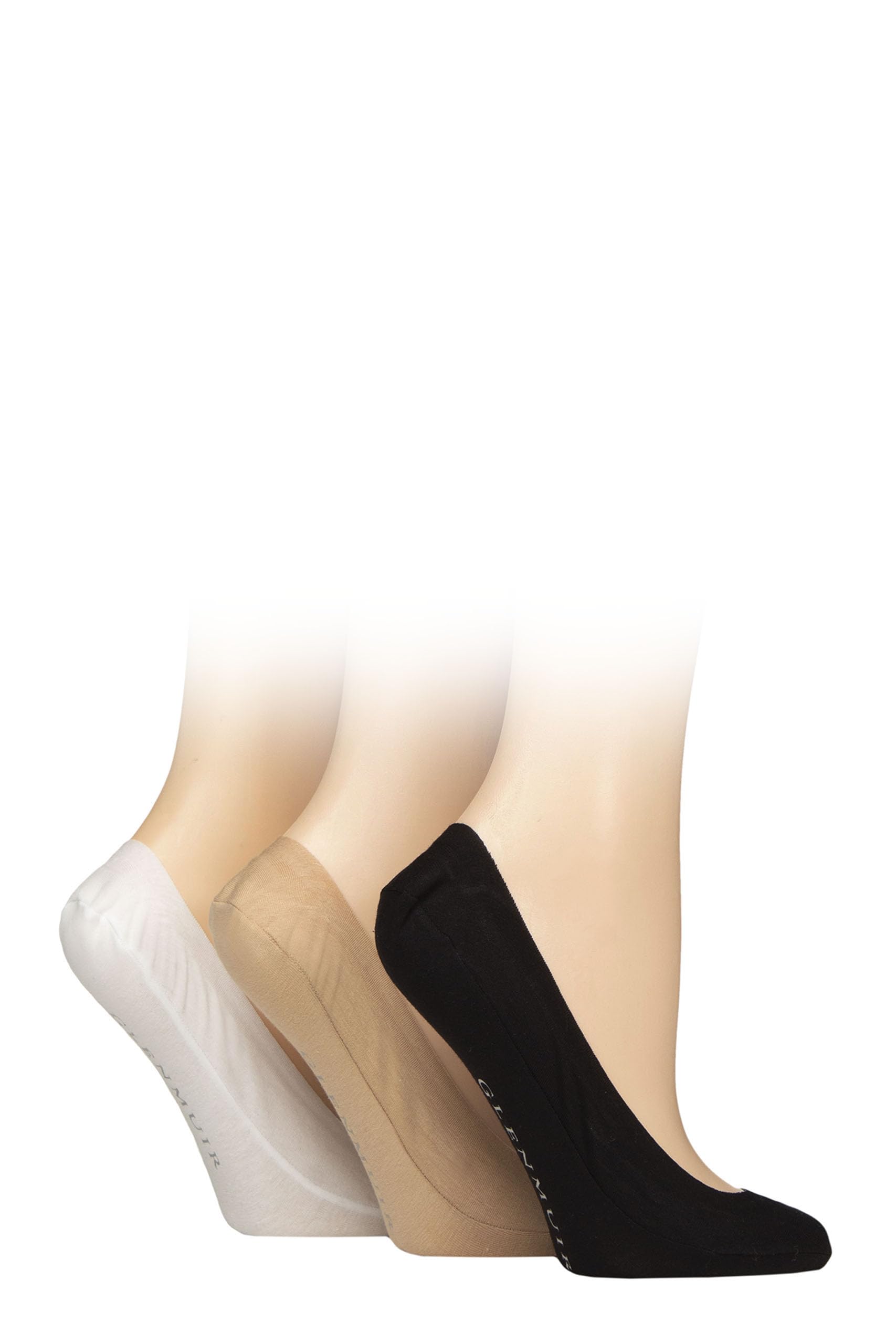 Glenmuir Women's Shoe Liner Socks - Plain, Soft Cotton, Invisible, No Show, Casual, Everyday, 3 Pair Multipack Size 4-8 - Black/Nude/White