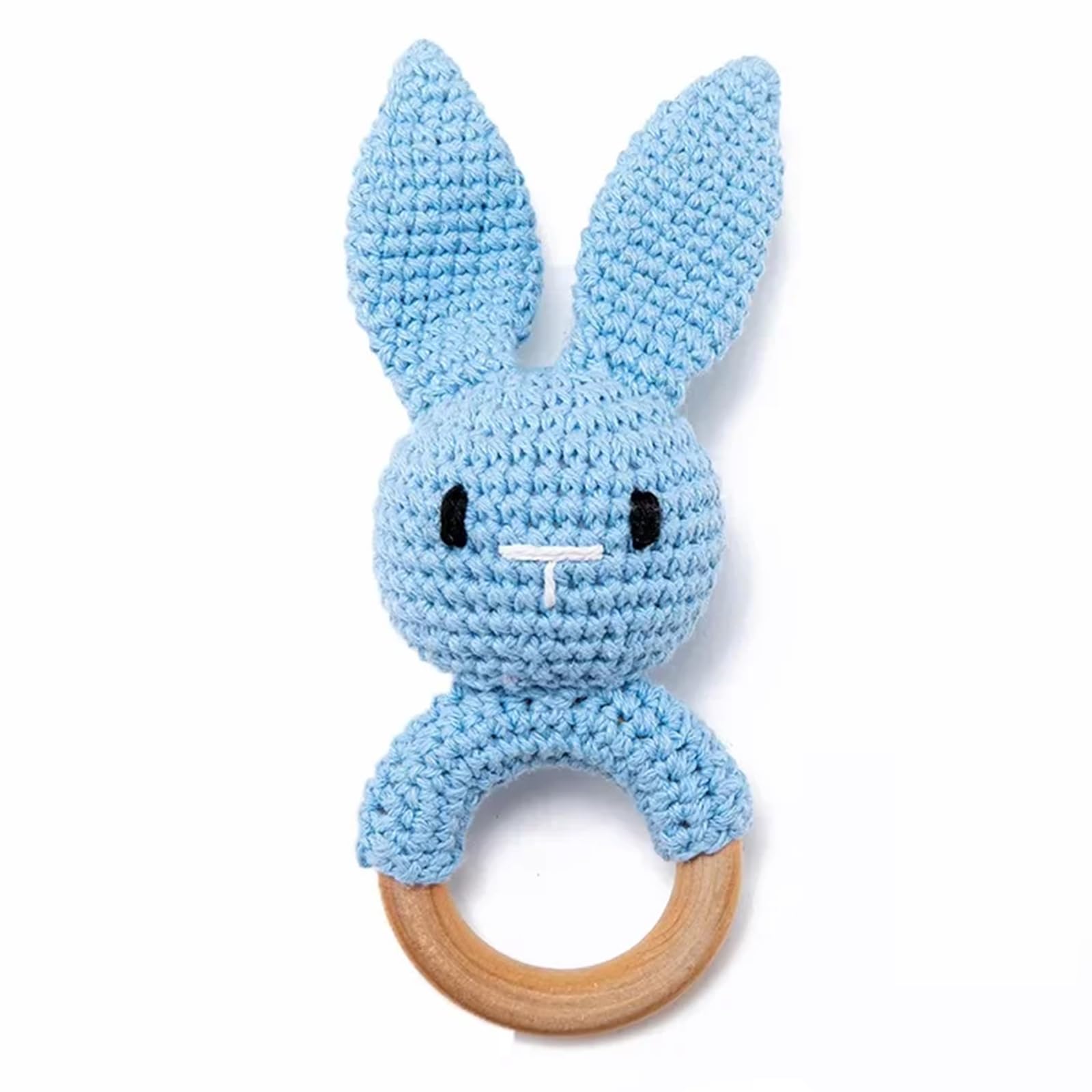 Jessruly Handcrafted Animal Rattle – Soft Crocheted Toys with Wooden Teether, BPA-Free Animal Rattles in Cotton & Safe Natural Materials (Blue Bunny)