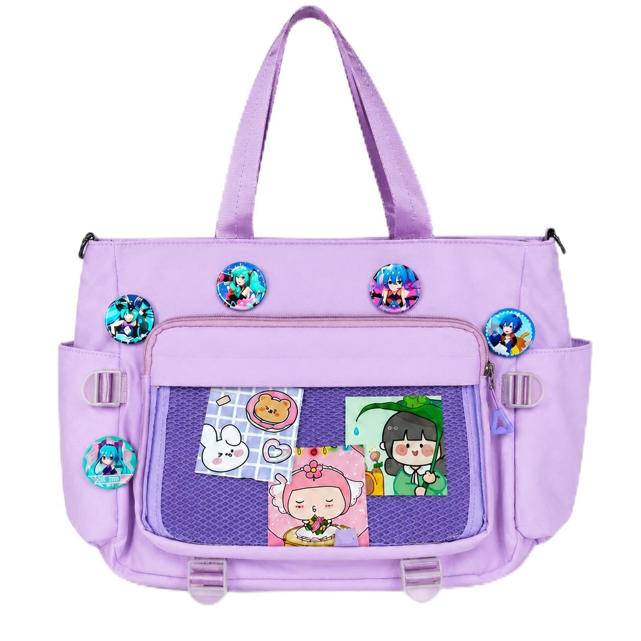 Kawaii Ita Tote Bag for Women & Girls | Japanese Anime Pin Display Shoulder Bag with Clear Window | Large Canvas Crossbody Girl Handbag for College, School, Travel, Office - Color may vary-image-47