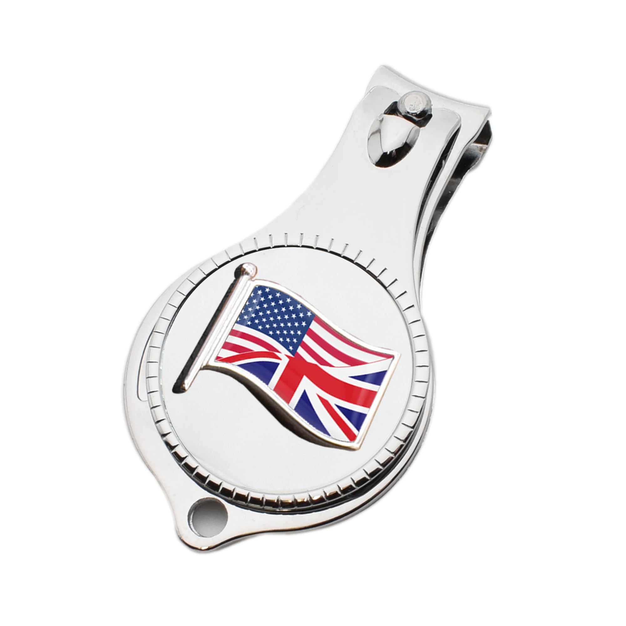 UK Union Jack British Flag/USA United States of America Design Pocket Metal Nail Clipper and Bottle Opener with Personalised Engraved Message, Presented in a Velvet Pouch