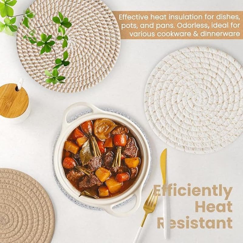 Image of Mansa for Hot Dishes, Pots and Pans, Hot Pads with Storage Basket, Pot Holders for Kitchen, Heat Resistant Mat Protect Counter Home Essentials, Farmhouse Decor (Pack of 6) Multi Beige