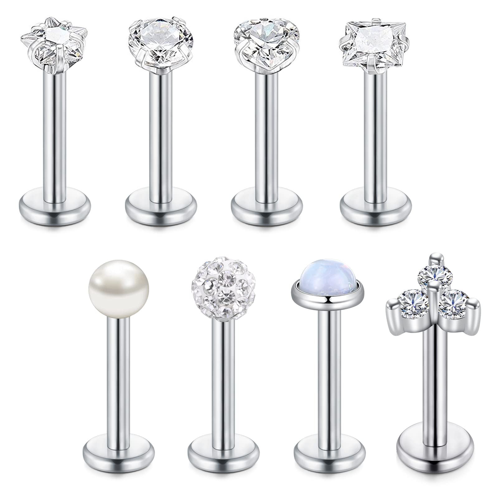 VCMART 8pcs Lip Bars Labert Studs 10mm Silver 16G Stainless Steel Helix Monroe Medusa Piercing Jewellery