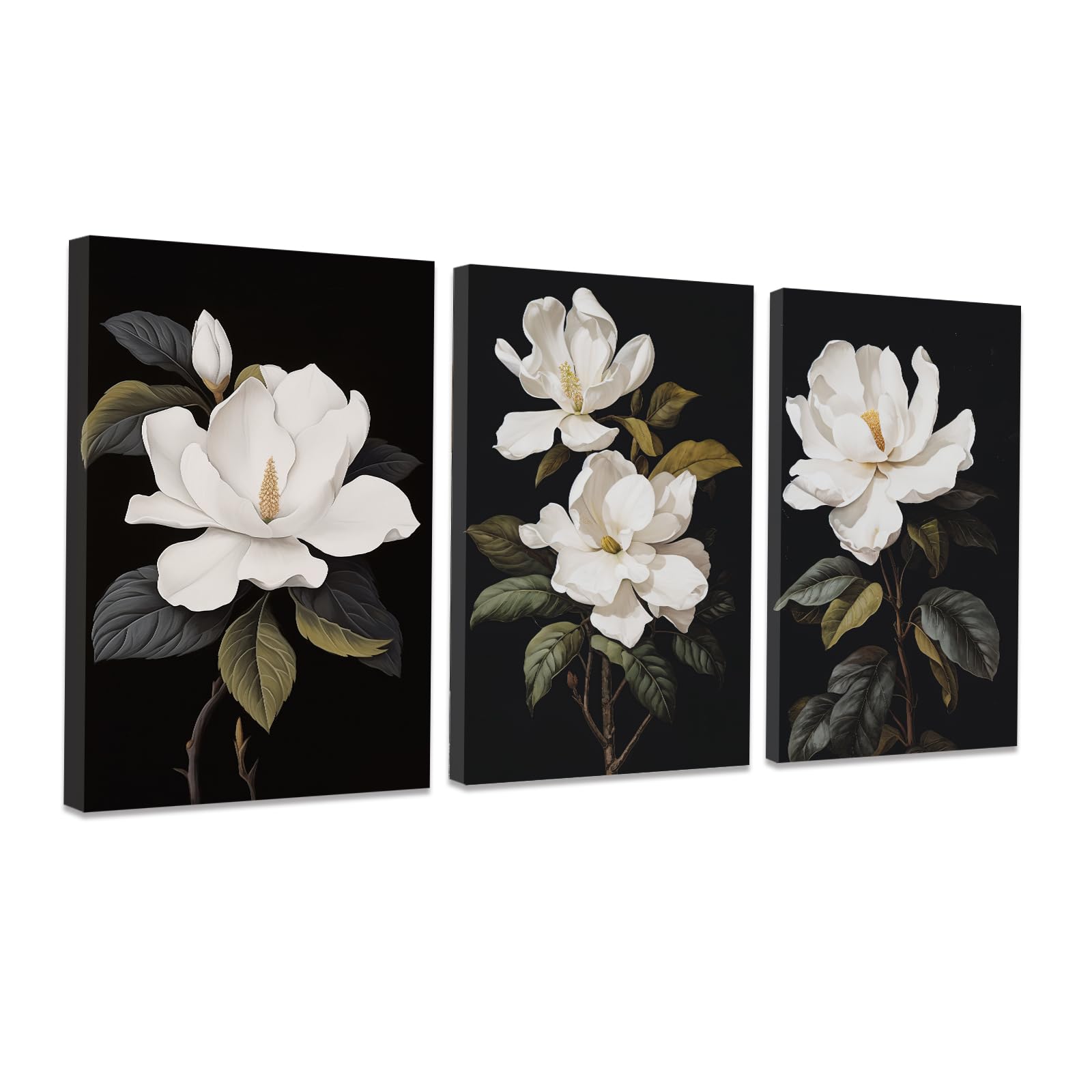 CCWACPP 3 Piece Floral Canvas Wall Art Magnolia Flowers Pictures Black and White Flowers Painting Prints Modern Bedroom Living Room Home Decor Framed