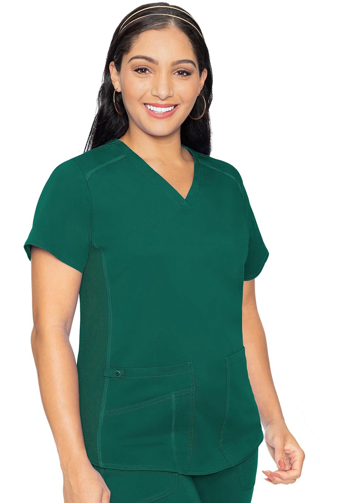 Med Couture V-Neck Scrub Top for Women with 4 Pockets, Rib-Knit Side Panel, and Shirttail Hem MC7459