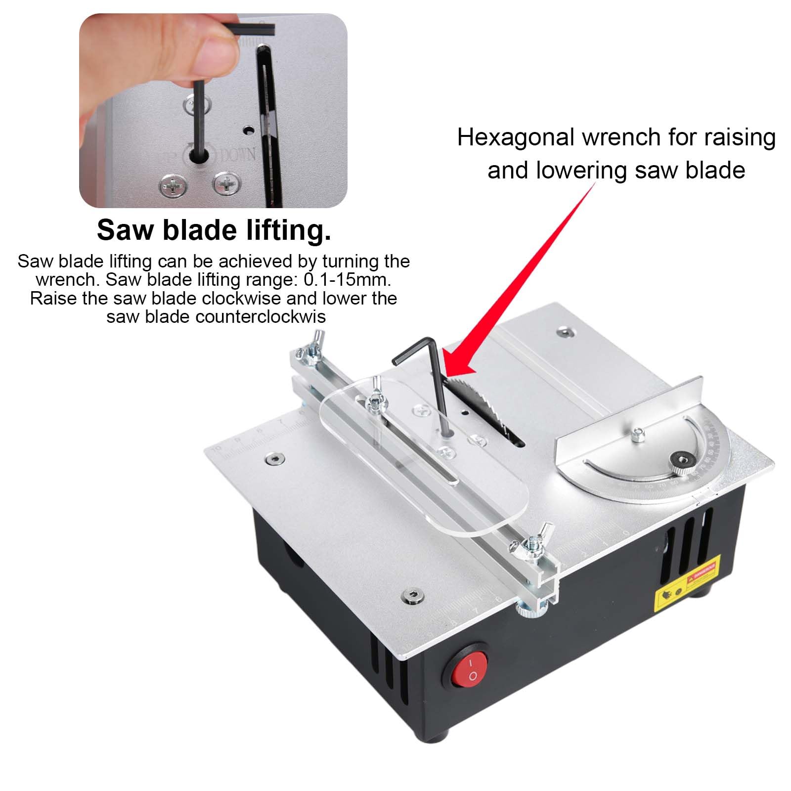 Mini stołowa pilarka tarczowa do obróbki drewna, przenośna, precyzyjna stołowa piła tarczowa z 7-biegowym zasilaczem, regulowana wysokość brzeszczot piły Table Saw 0,1-15 mm, ułatwienie pracy dla