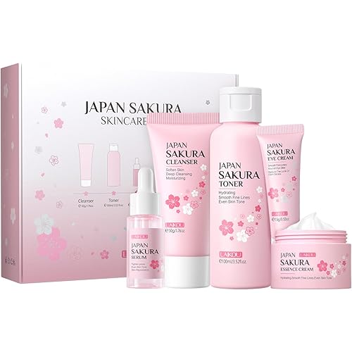Skin Care Set JAPAN SAKURA Women Beauty Gift Sets Skin Care Kit with Cleanser, Toner, Serum, Eye Cream, Face Cream Travel Kit for Women Teen Girls Mom Daughter Birthday TSA-friendly Sizes 5pcs