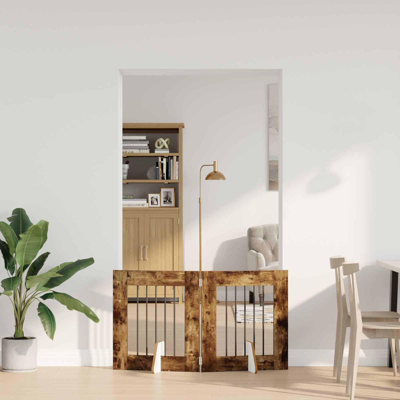 Cancello per cani con supporti in metallo e legno di rovere affumicato, 60 x 60 cm, recinto pieghevole per interni ed esterni, portatile, protezione sicura per animali domestici e cuccioli