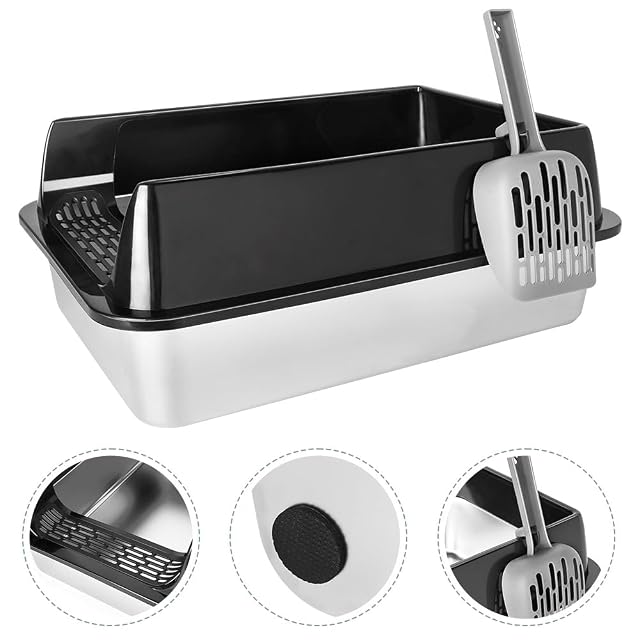 Foto 4 de 8 de Bandeja para Arena de Gatos de Acero Inoxidable, Arena para Gatos, Bandeja para Gatos Semi-Cerrada…