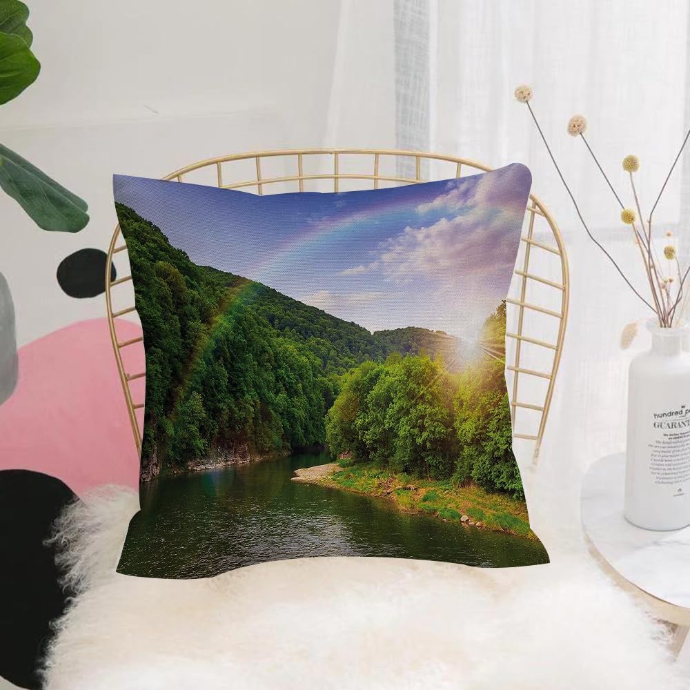 Hyosxw River Flowing Between Green Mountains Throug - A7 Cushion Cover,Throw Pillow Case Home Decorative For Living Room Bedroom Sofa Chair 18X18 Inch,River Flowing Between Green Mountains Through The Forest At Sunset,Pillowcase 45X45cm