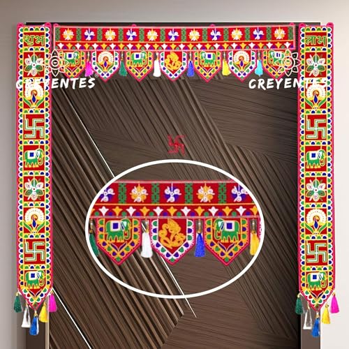 Image of CREYENTES Traditional Handmade Toran With Shubh Labh Todala, Toran For Door, Thoranam, Door Decor, Door Hanging For Main Gate Entrance, Festival, Diwali, Temple, Embroidery Work.