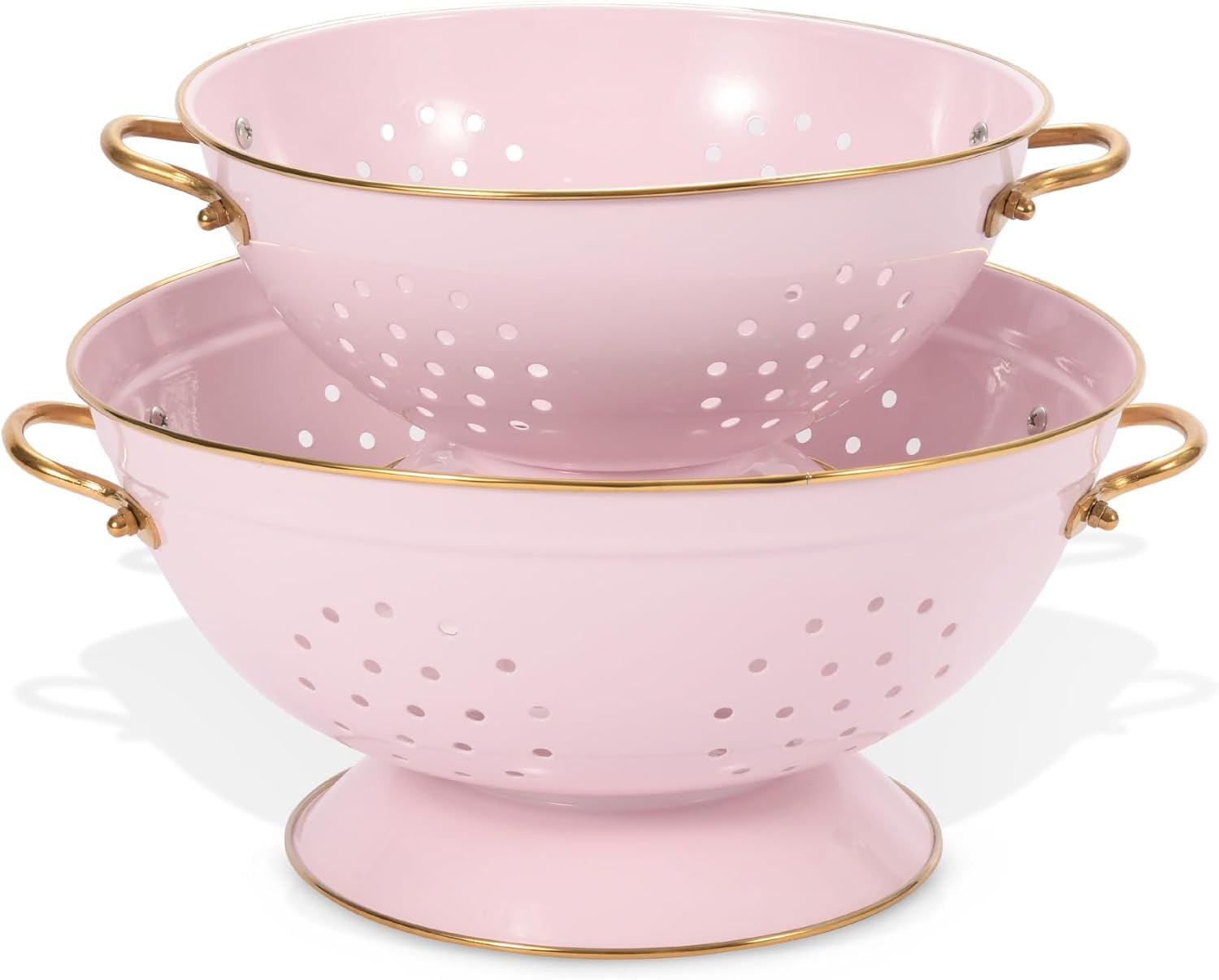 Ensemble de Passoire en Métal - 23cm et 28cm, Passoire Cuisine avec Poignée et Base pour Pâtes, Fruits et Légumes, Lavable au Lave-vaisselle (Rose)