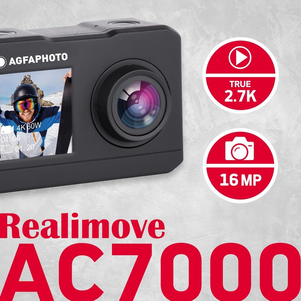 AgfaPhoto - Cámara Deportiva - AC7000 - True 2.7K 30FPS, Doble Pantalla Táctil, Gran Angular 120°, Carcasa Sumergible 30m - WiFi - 10 Accesorios Incluidos