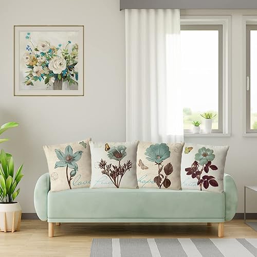 Miniatura 3 de Juego de 4 fundas de almohada decorativas con diseño floral, fundas de almohada lumbares de algodón y lino con hojas de loto, fundas de almohada